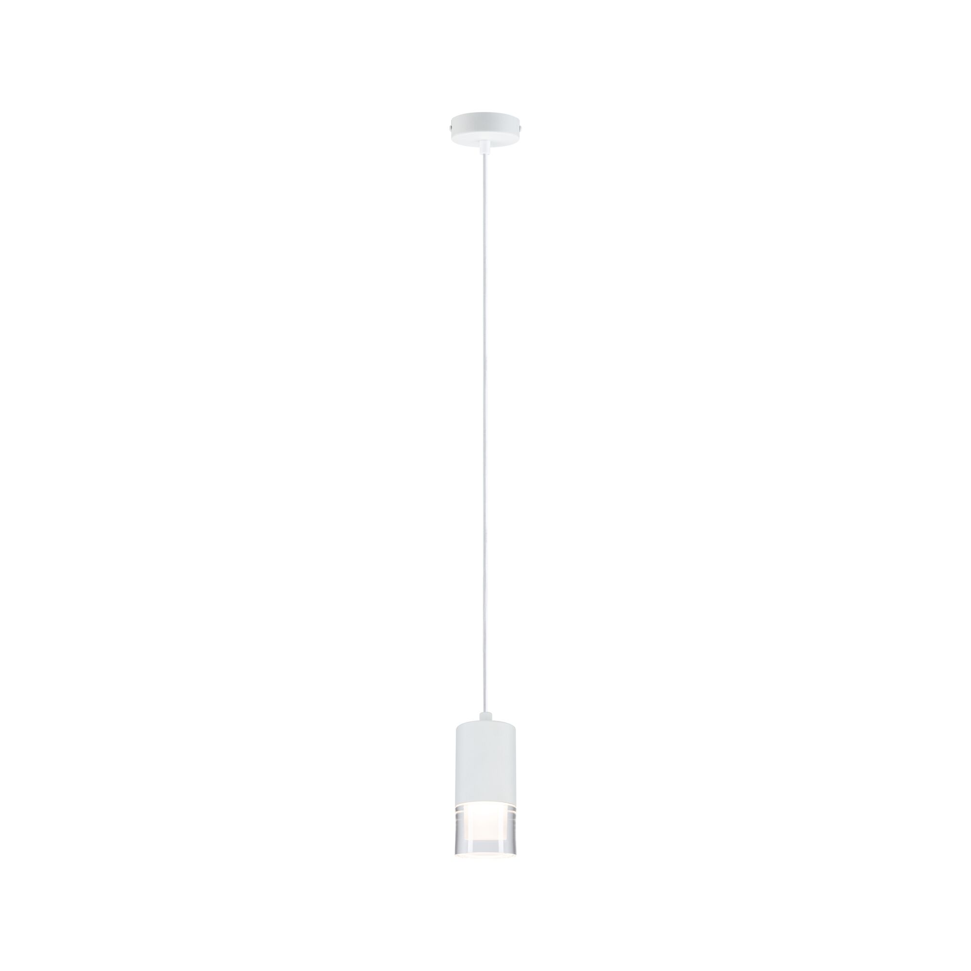 Modern white metal pendant light with clear glass and warm white LED for living spaces