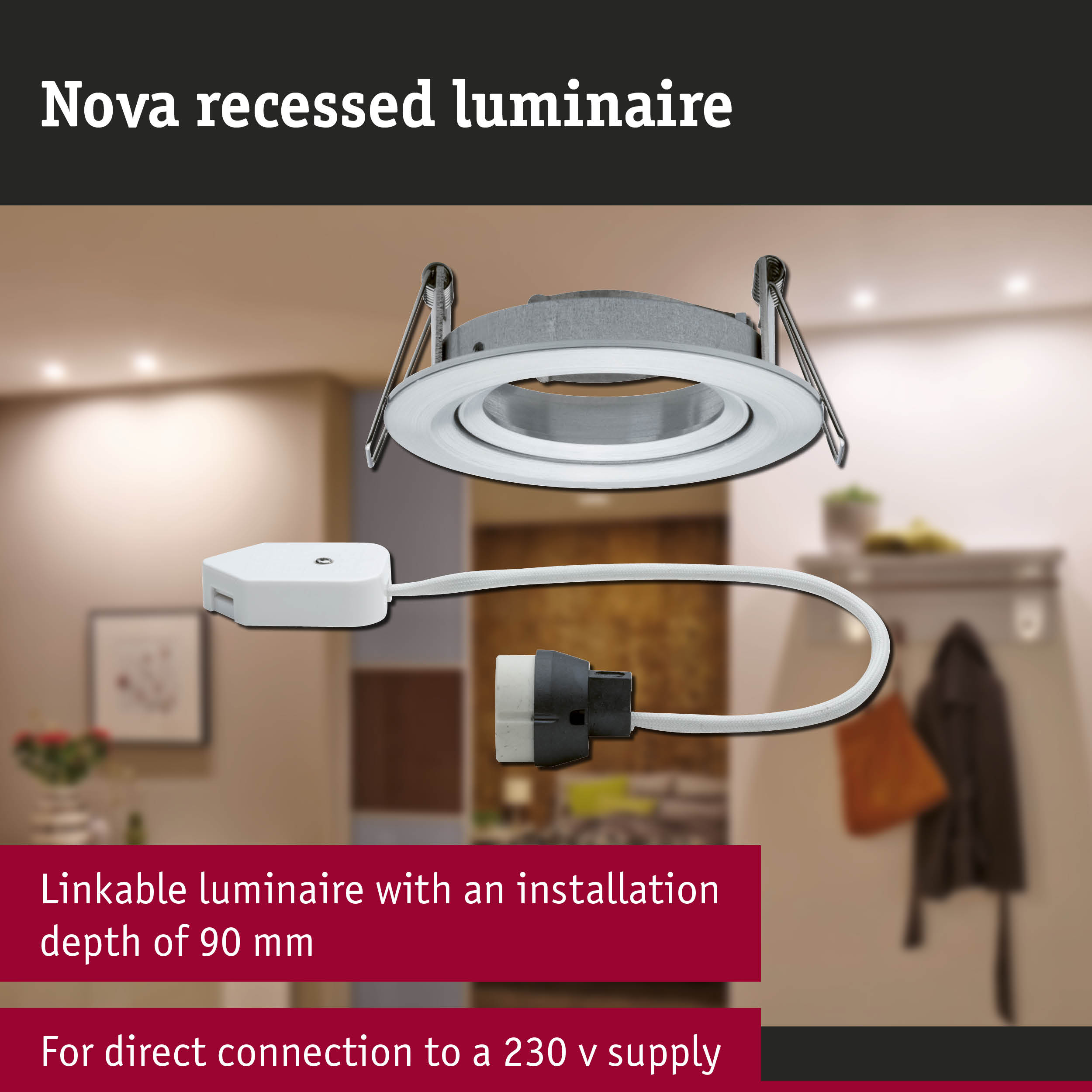 Nova recessed luminaire in white metal with cable for direct 230 V power connection
