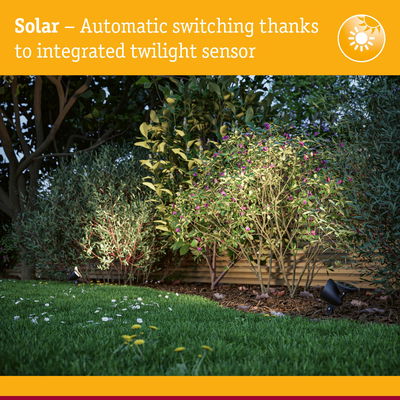 Solar garden spotlights with automatic twilight sensor illuminating bushes and lawn at night