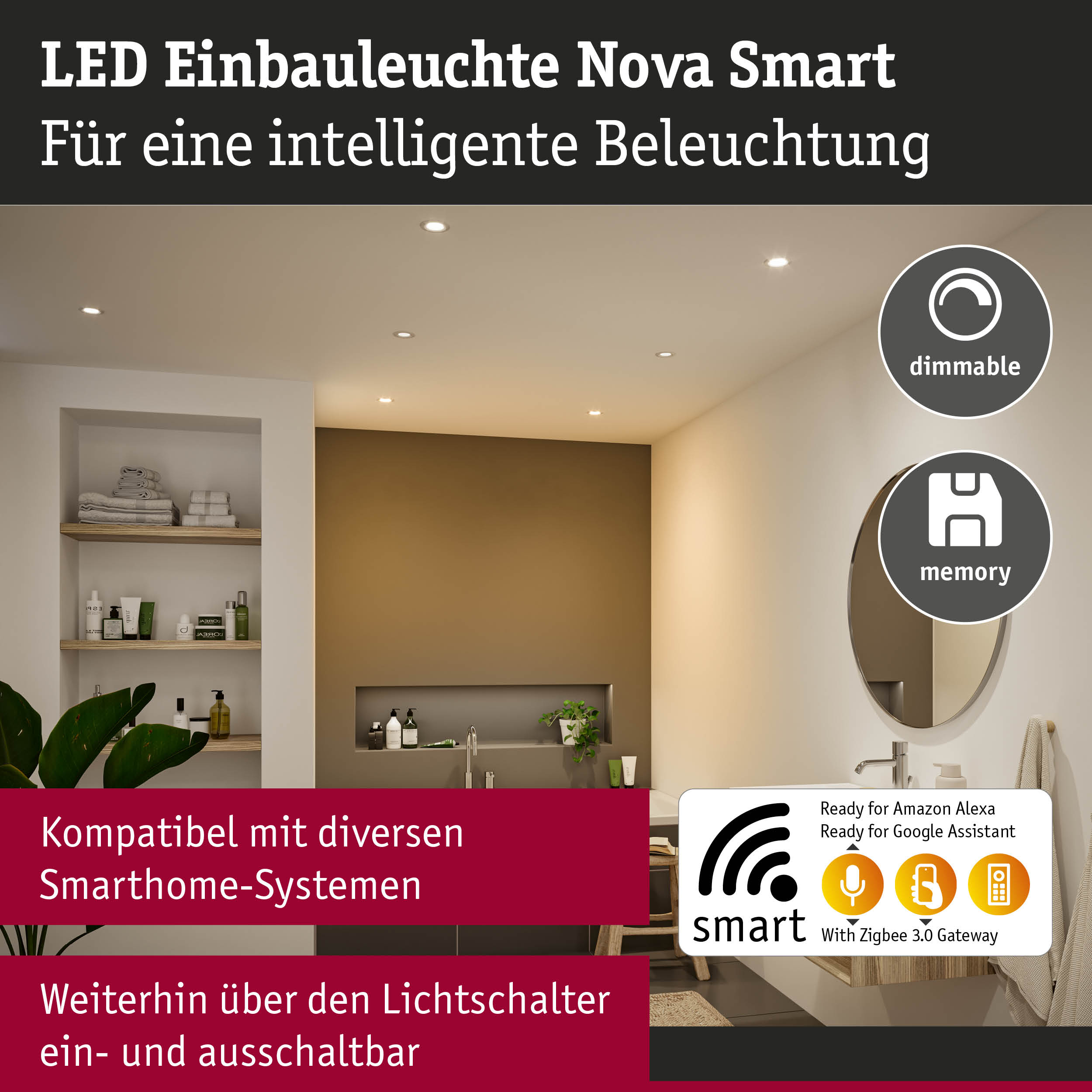 LED Einbauleuchte Nova Smart in Weiß für intelligente, dimmbare Badezimmerbeleuchtung mit Smarthome-Kompatibilität