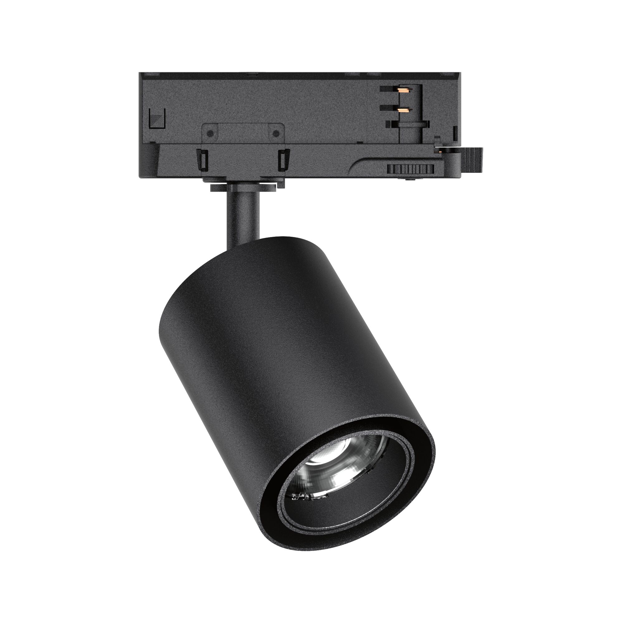 Spot LED noir en métal avec boîtier cylindrique orientable pour systèmes d'éclairage sur rail