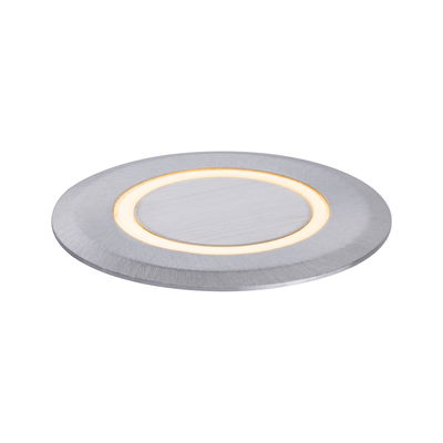 Round LED recessed light in brushed aluminum with warm white glow for modern indoor lighting