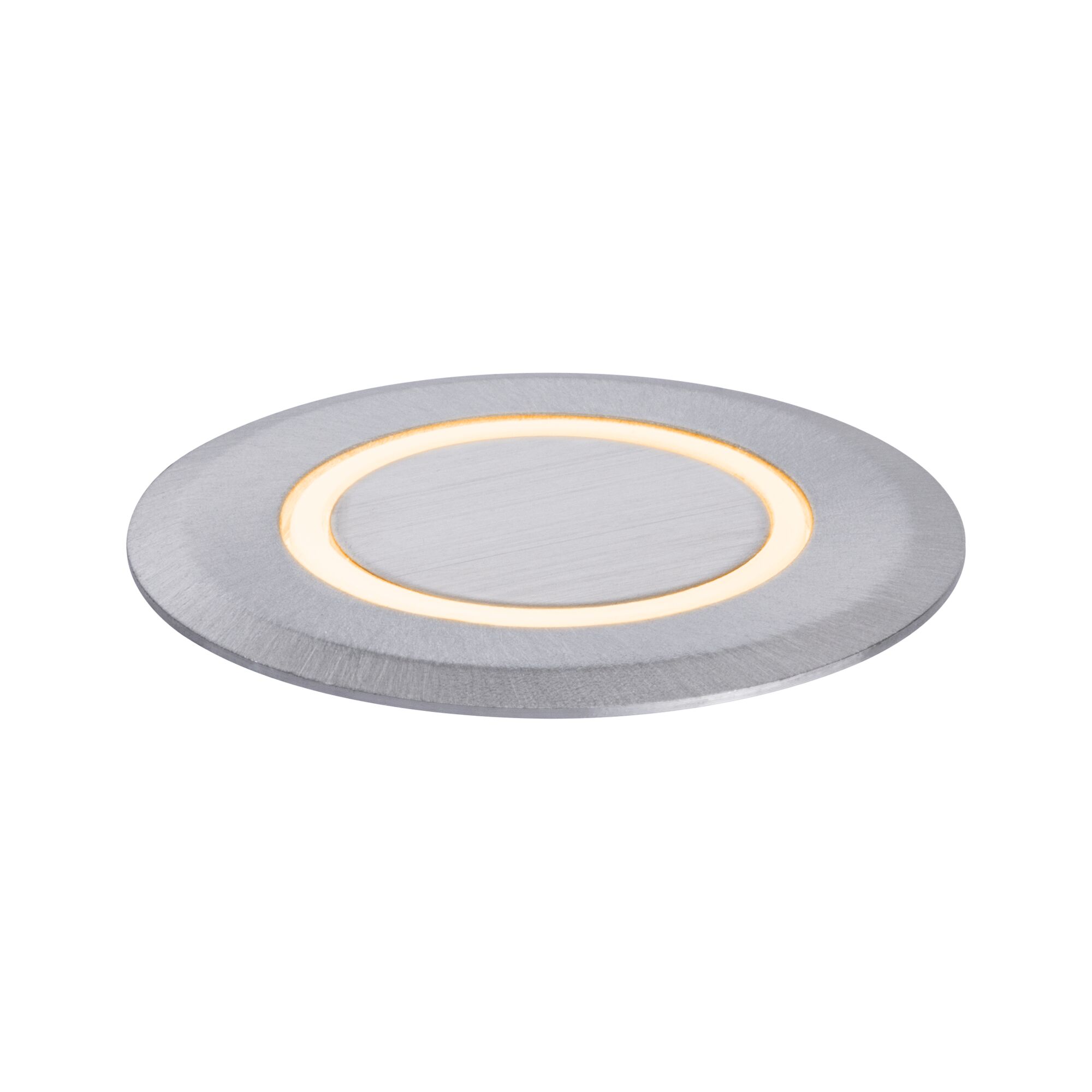 Round LED recessed light in brushed aluminum with warm white glow for modern indoor lighting