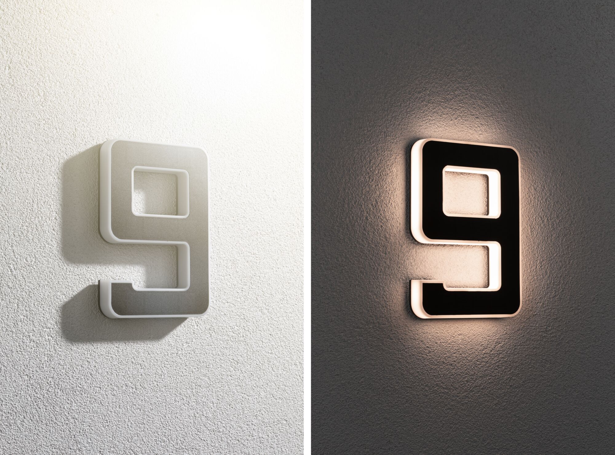 Modern LED wall light shaped as number 9, white and black, emitting warm light for home decor
