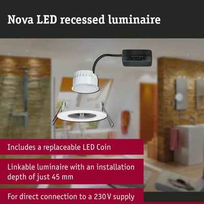 Nova white LED recessed spotlight with replaceable LED coin and shallow 45 mm installation depth