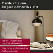 Schwarze Tischleuchte Juna aus Metall mit warmweißem Licht neben Sofa und Büchern