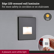 Black LED recessed wall light with warm white glow for safety in corridors and staircases