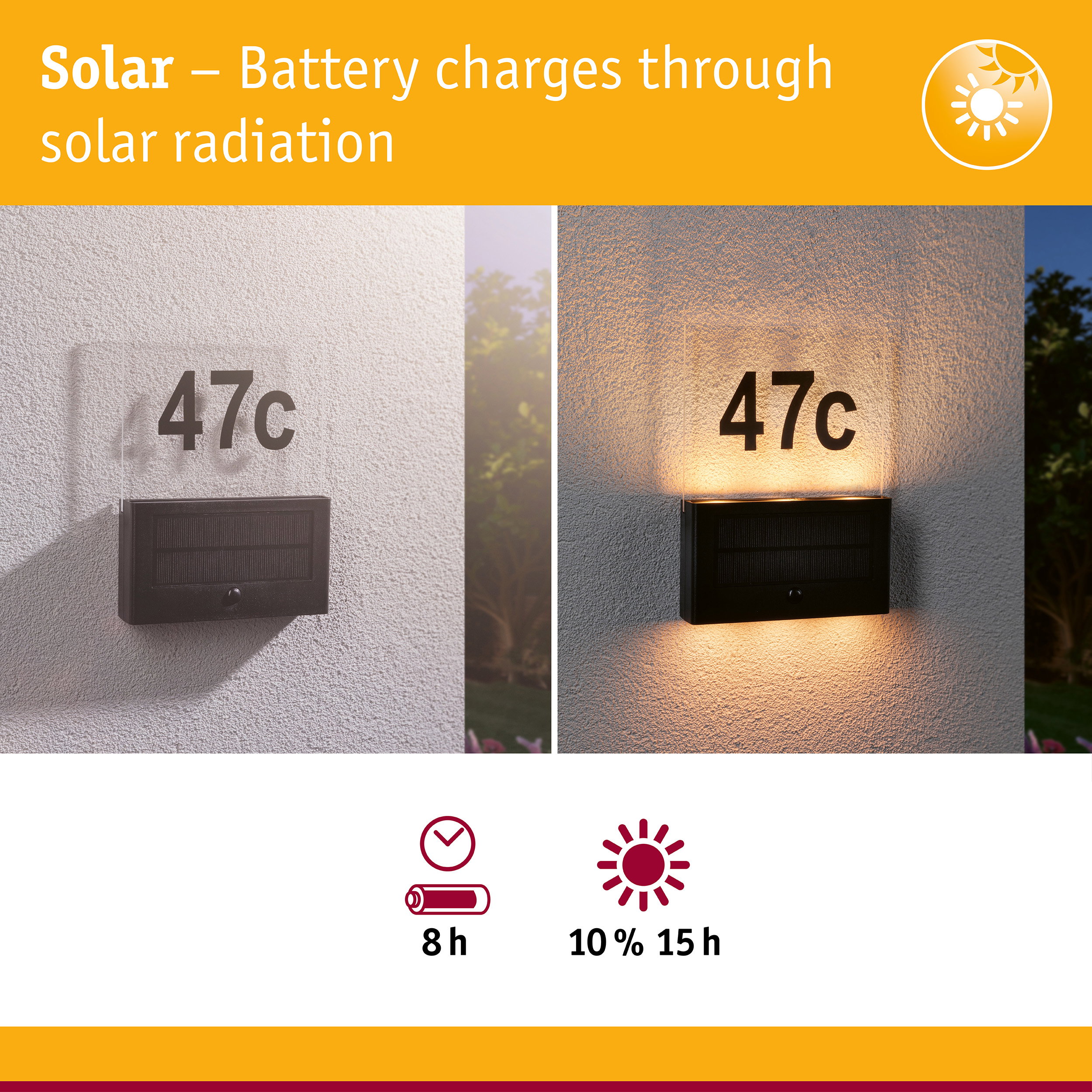 Black solar house number light with clear acrylic panel and energy-saving LED illumination for outdoor use