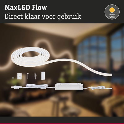 MaxLED Flow LED-strip in warm wit met voeding en montagemateriaal voor eenvoudige installatie