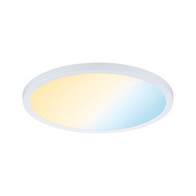 Round LED ceiling light with white frame and adjustable color temperature from warm to cool white for versatile lighting