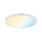 Round LED ceiling light with white frame and adjustable color temperature from warm to cool white for versatile lighting