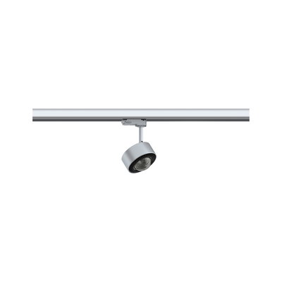Moderner silberner LED-Strahler aus Metall an Schienensystem für flexible Beleuchtung