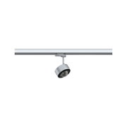 Moderner silberner LED-Strahler an Schienensystem aus Metall für flexible Beleuchtung