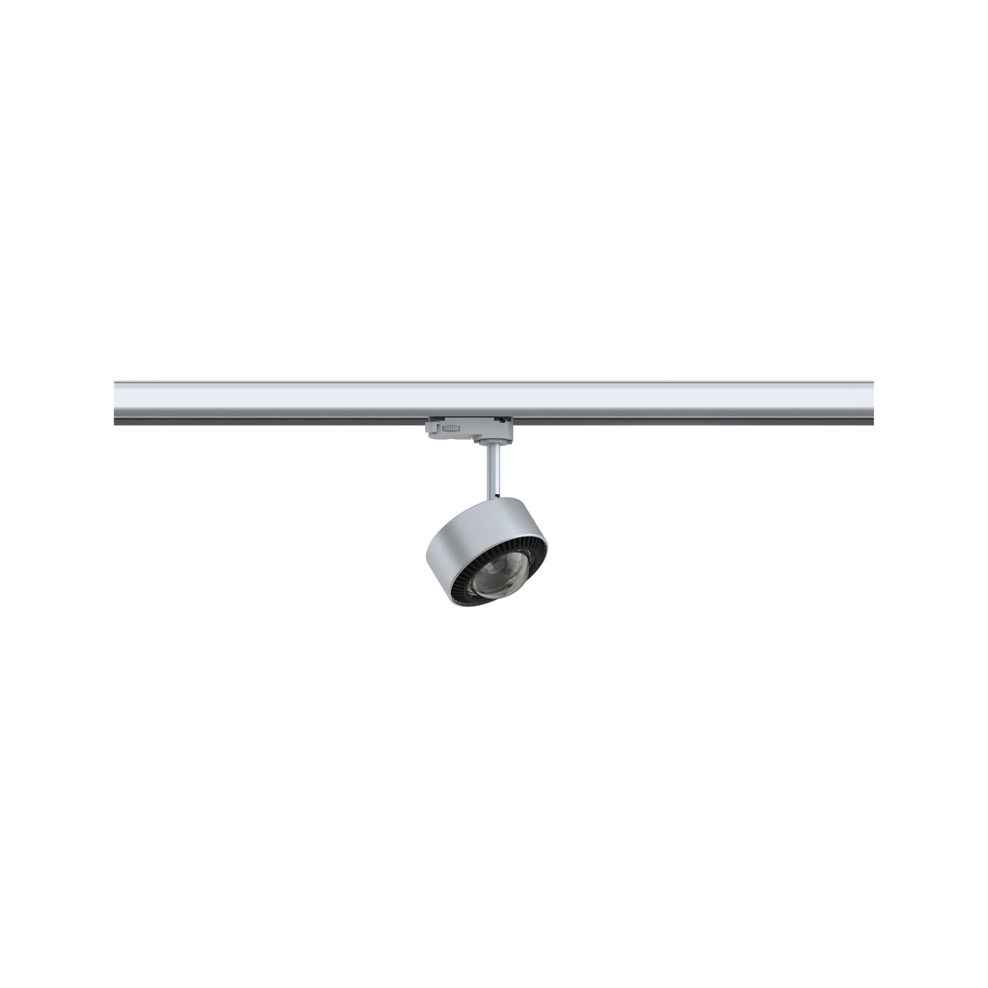 Moderner silberner LED-Strahler an Schienensystem aus Metall für flexible Beleuchtung