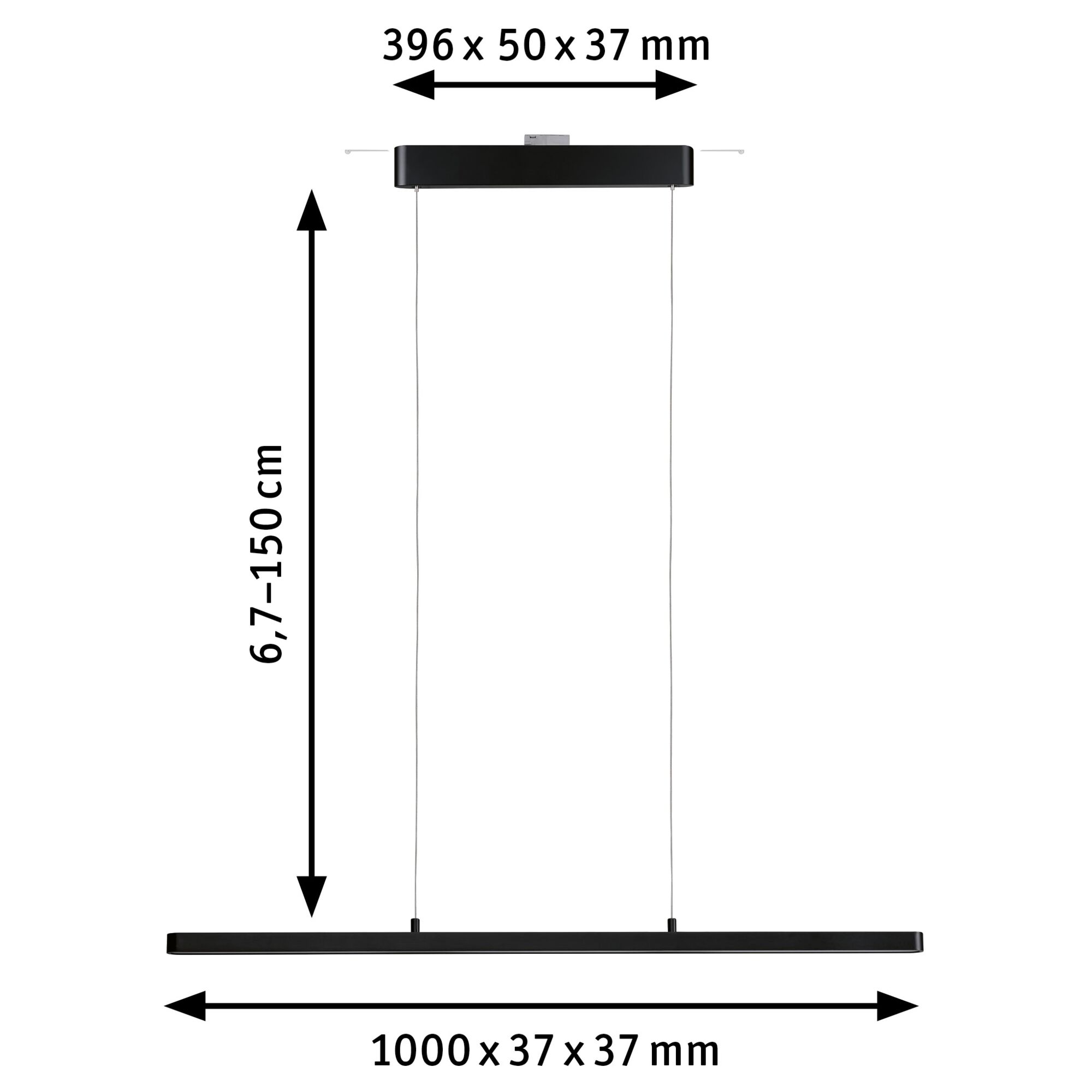 Schwarze LED-Pendelleuchte aus Metall mit verstellbarer Höhe und schlankem Design für moderne Beleuchtung