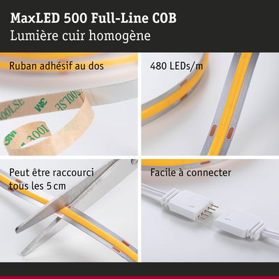 Bande LED MaxLED 500 COB 480 LEDs/m, ruban adhésif, coupable tous les 5 cm, facile à connecter