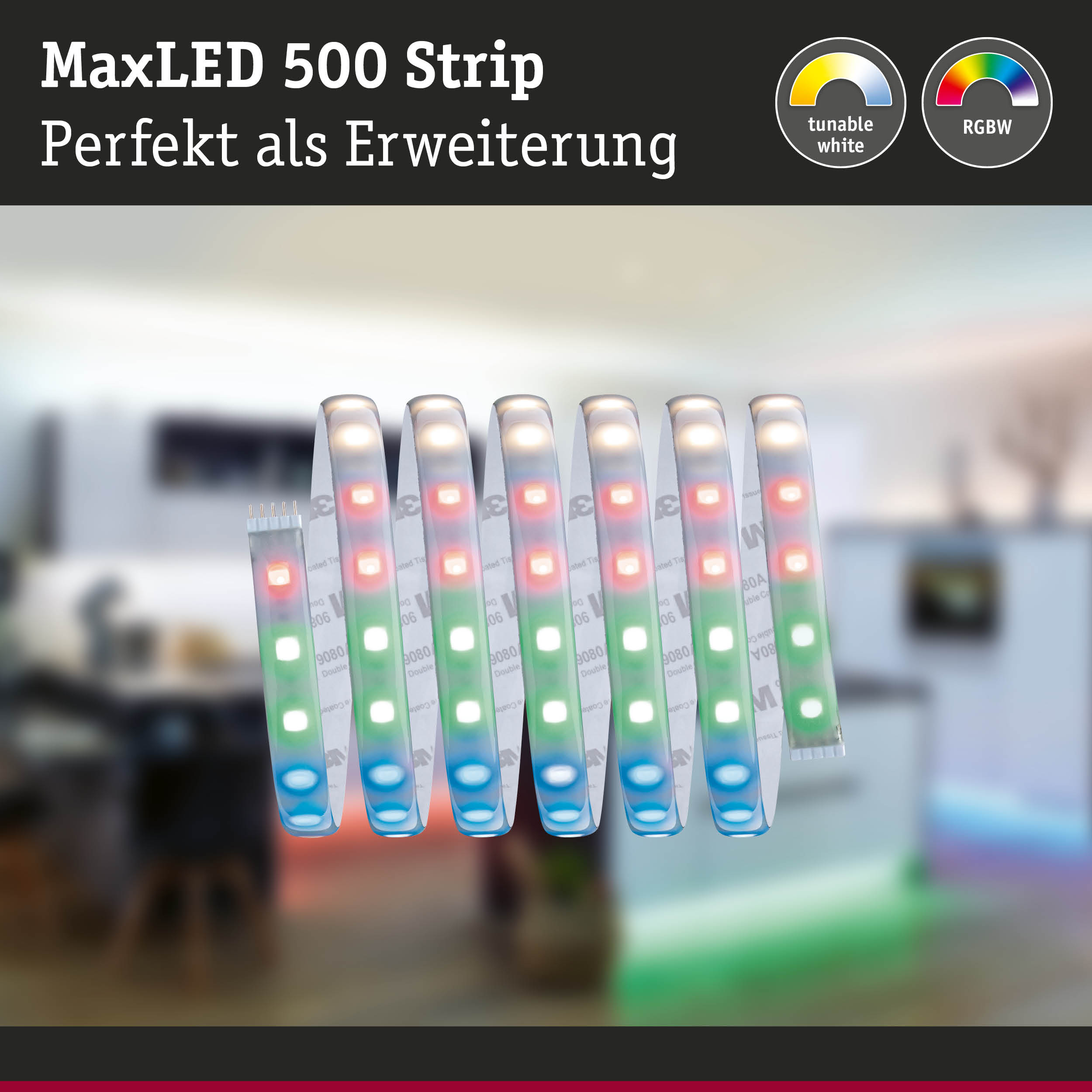 MaxLED 500 RGBW LED-Lichtstreifen mit einstellbarem Weißton, flexible Erweiterung für Wohnraumbeleuchtung