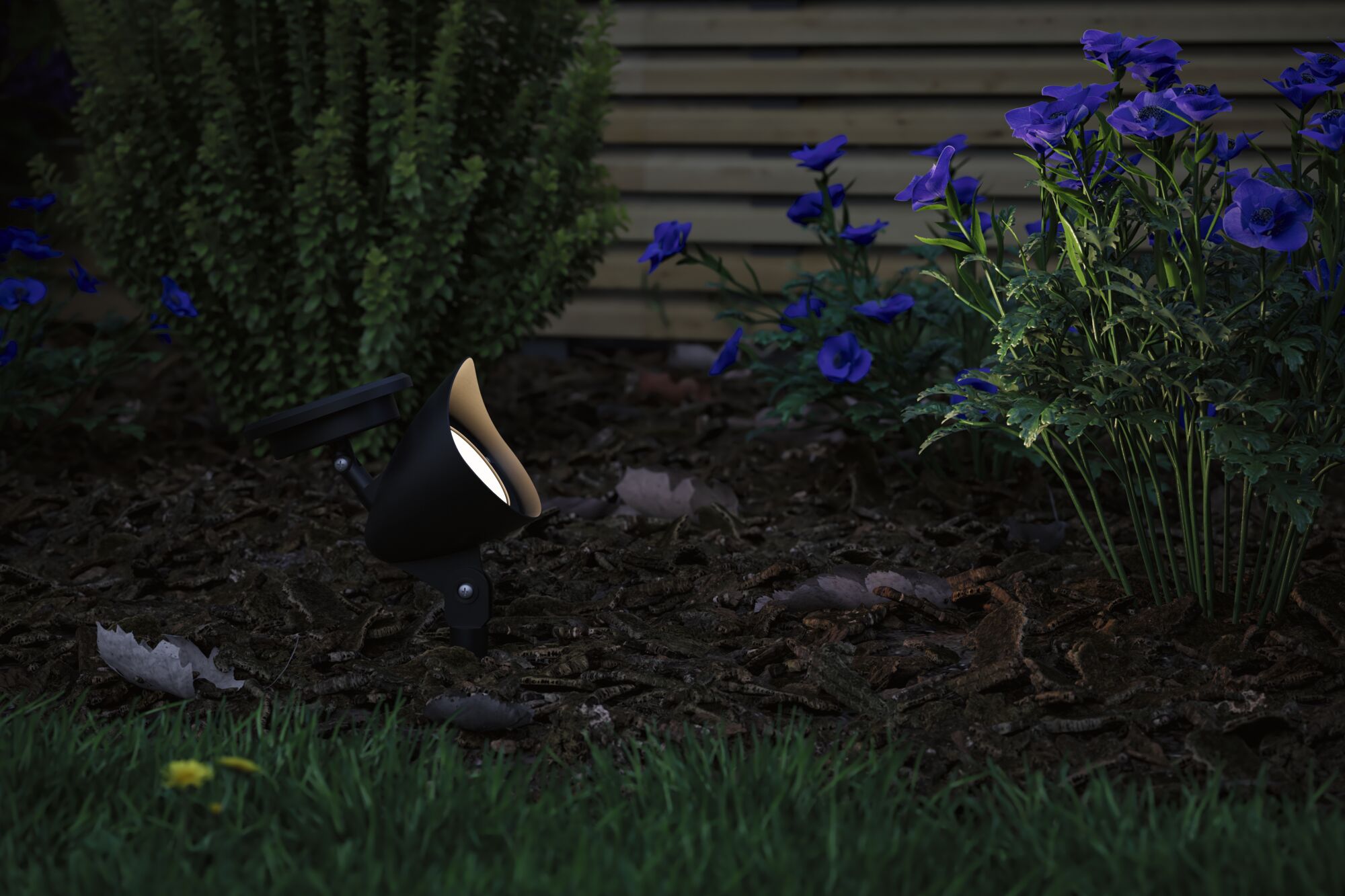 Zwarte metalen tuinspot die blauwe bloemen en planten in de grond 's nachts verlicht.
