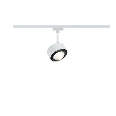 Modern white metal LED spotlight on track system for flexible room lighting