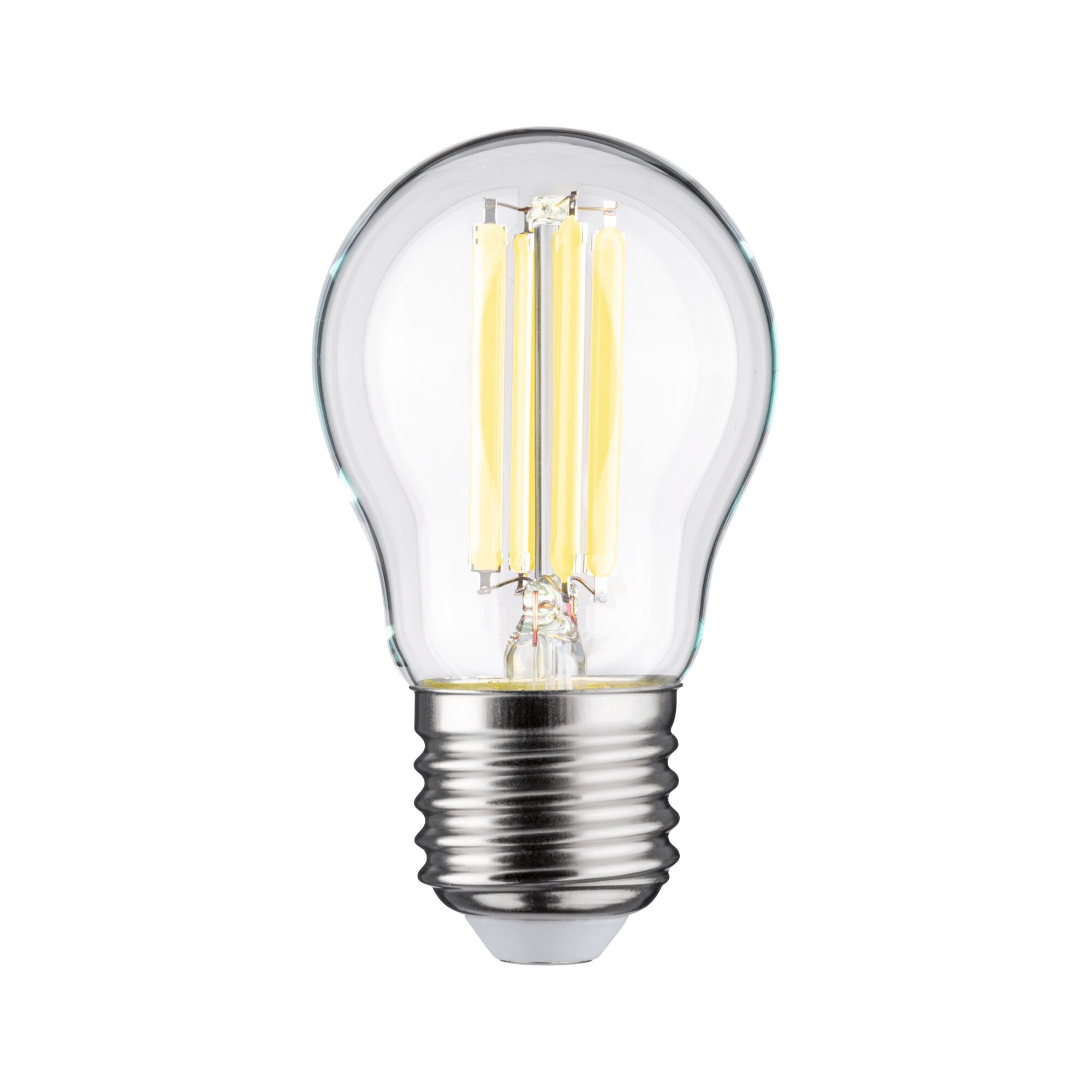 Klassische LED-Glühbirne mit transparentem Glas und silbernem Metallgewinde für energiesparende Beleuchtung