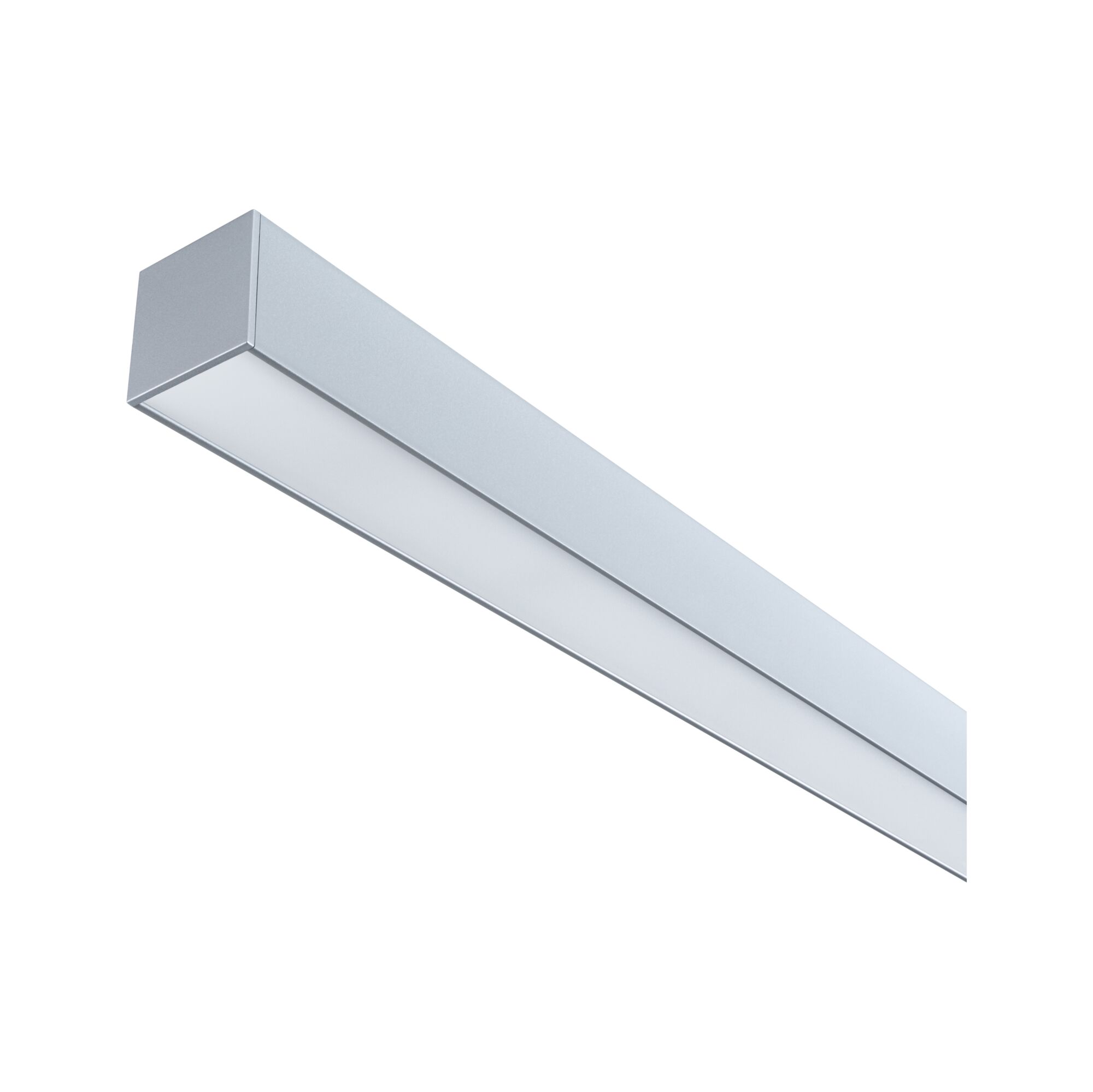 Schlanke LED-Deckenleuchte aus silbernem Aluminium mit weißem Diffusor für moderne Innenräume