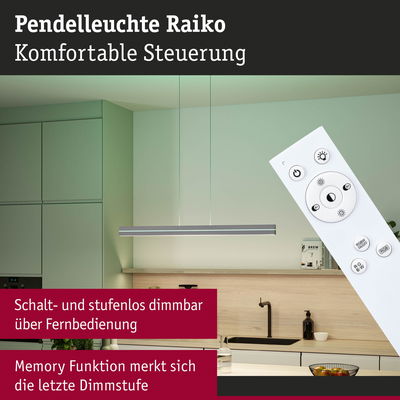 Pendelleuchte Raiko in Silber mit Fernbedienung über moderner Kücheninsel dimmbar