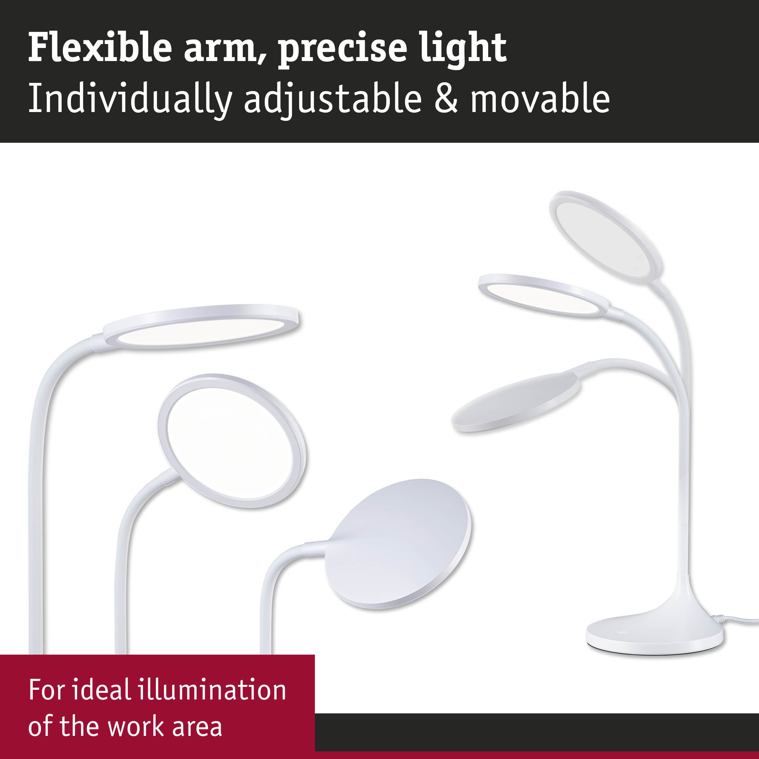 White LED desk lamp with flexible arm for precise lighting of the work area