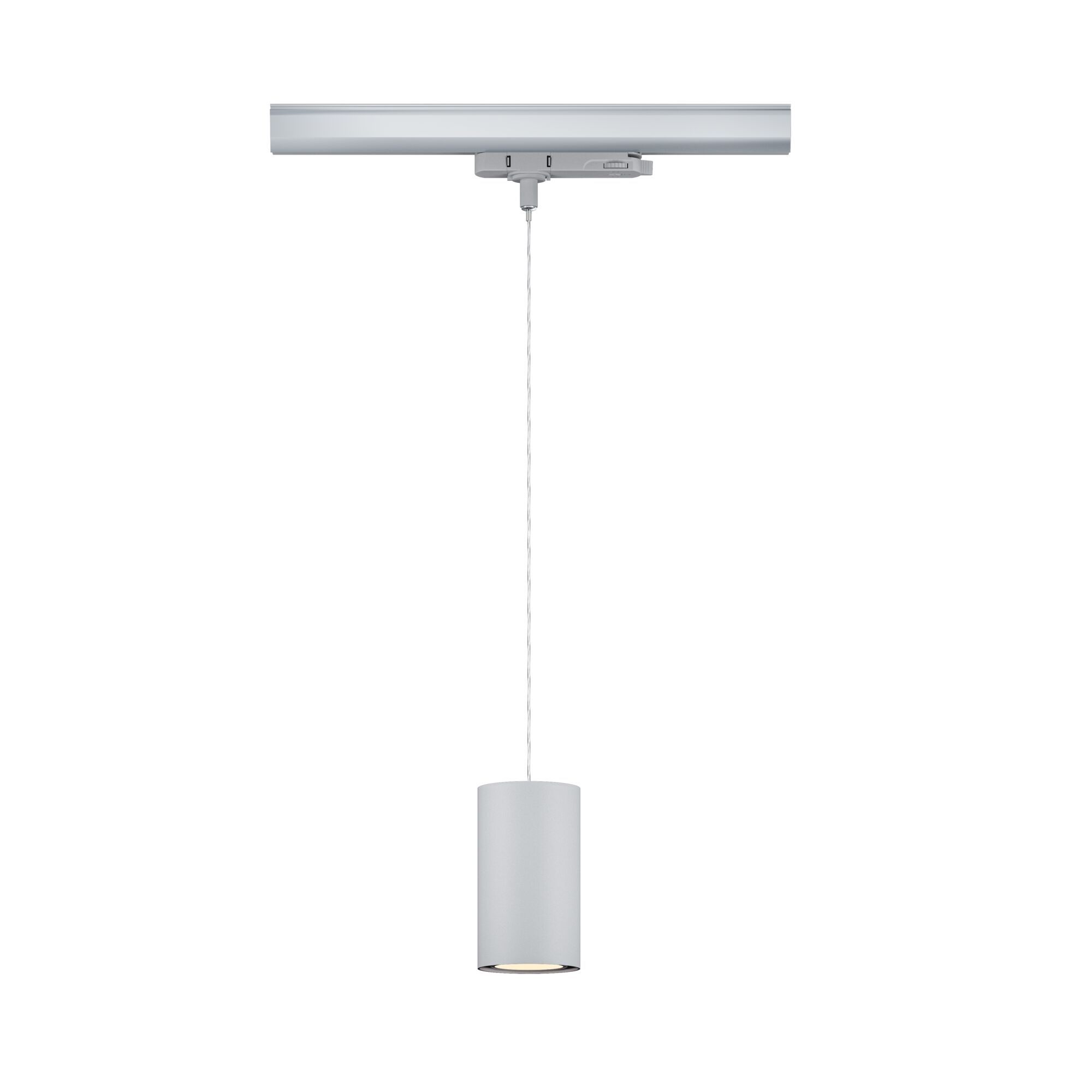 Moderner grauer Zylinder-Pendelleuchter aus Metall mit weißem Kabel für Schienensysteme