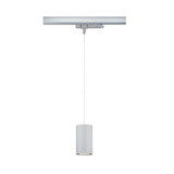 Moderner grauer Zylinder-Pendelleuchter aus Metall mit weißem Kabel für Schienensysteme
