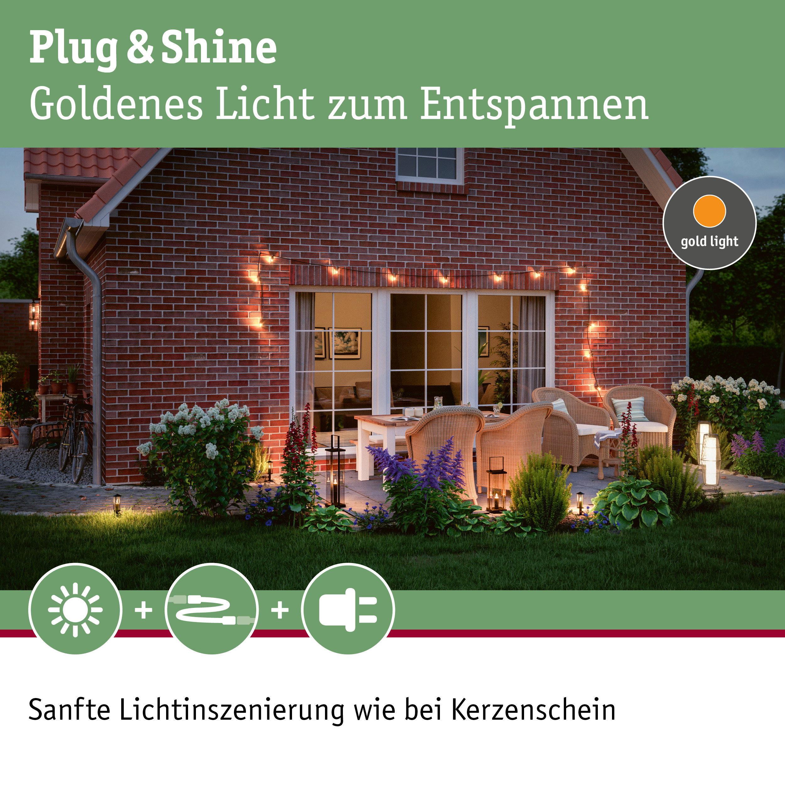 Gemütliche Terrasse mit goldener Lichterkette an roter Backsteinwand für entspannte Außenbeleuchtung