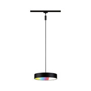 Black LED pendant light with round shade and multicolour illumination for modern interiors