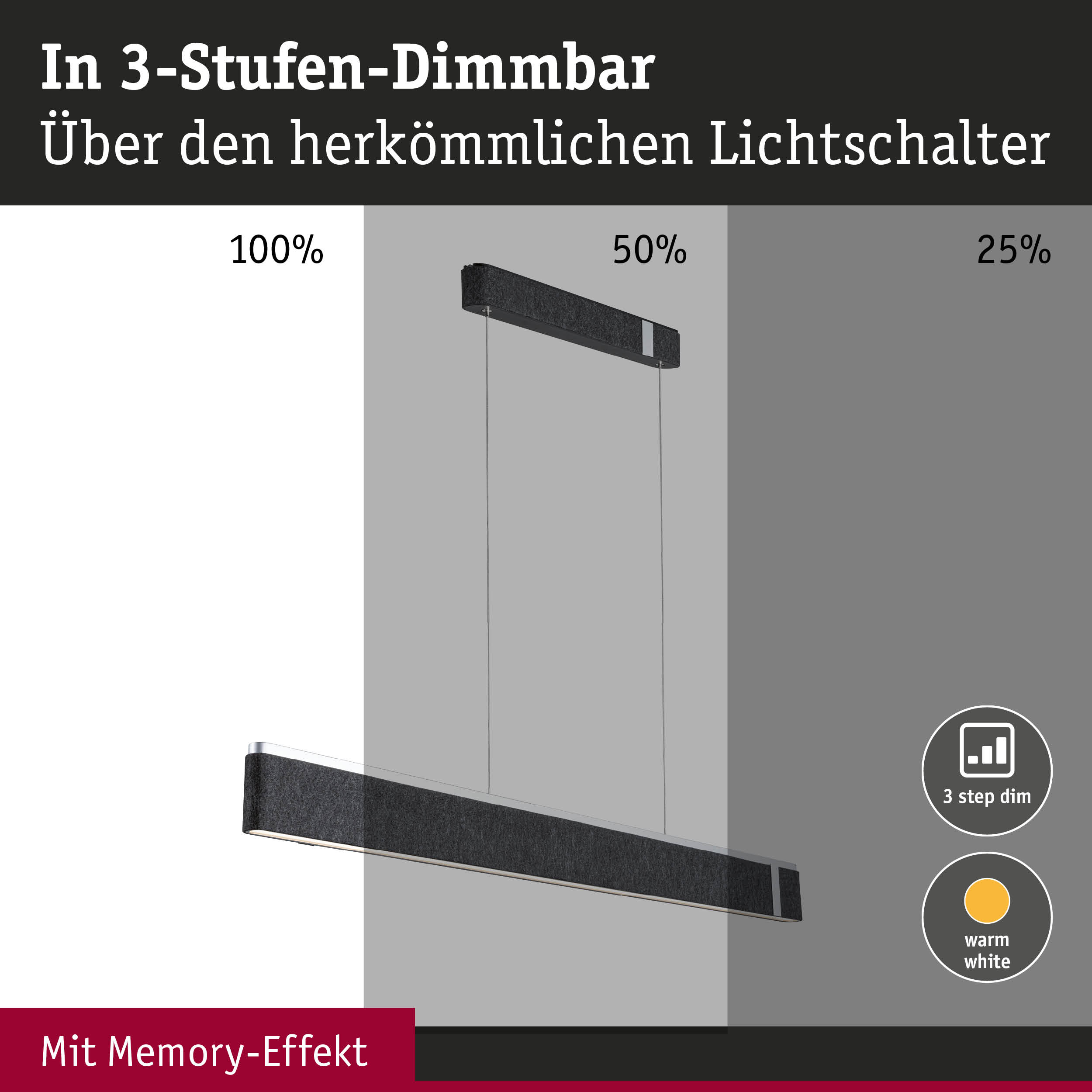 Schwarze LED-Hängeleuchte mit 3-Stufen-Dimmfunktion und Memory-Effekt für warmweißes Licht