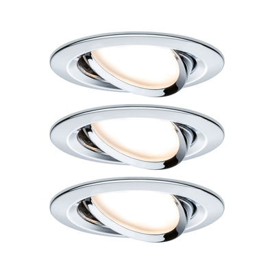 Three round chrome recessed spotlights with warm white light for modern indoor lighting.