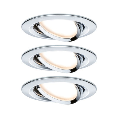 Three round chrome recessed spotlights with warm white light for modern indoor lighting.