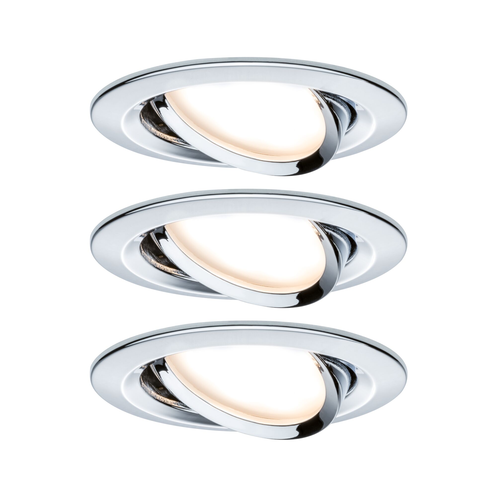 Drei runde Einbaustrahler aus Chrom mit warmweißem Licht für moderne Innenbeleuchtung.