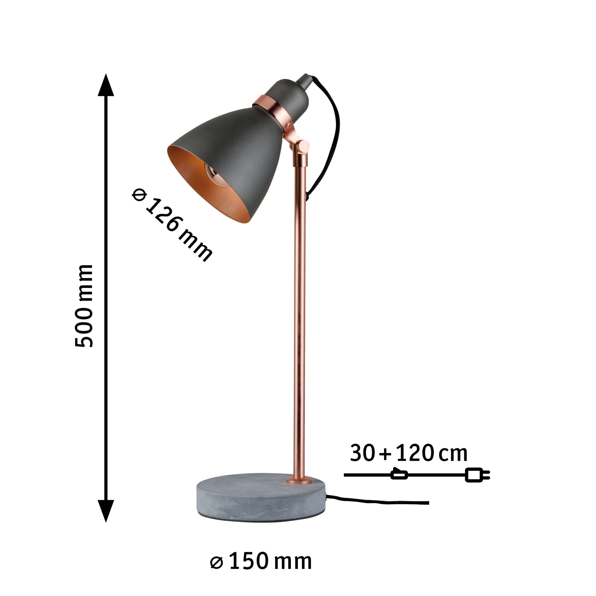 Moderne Tischlampe mit grauem Betonfuß und kupferfarbenem Metallschirm, 50 cm hoch, LED Schreibtischlampe