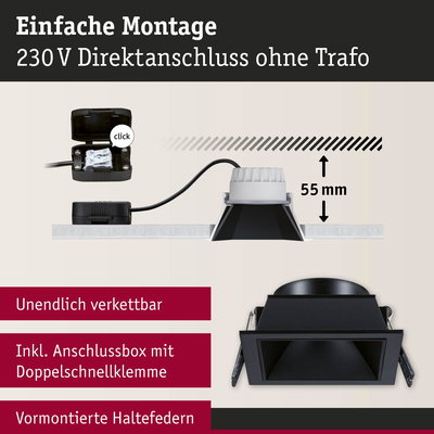 Schwarzer Einbaustrahler mit Anschlussbox und Doppelschnellklemme, 55 mm Einbautiefe, einfache Montage