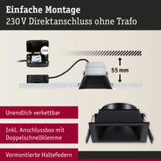 Schwarze quadratische Einbauleuchte mit Anschlussbox und 230 V Direktanschluss ohne Trafo