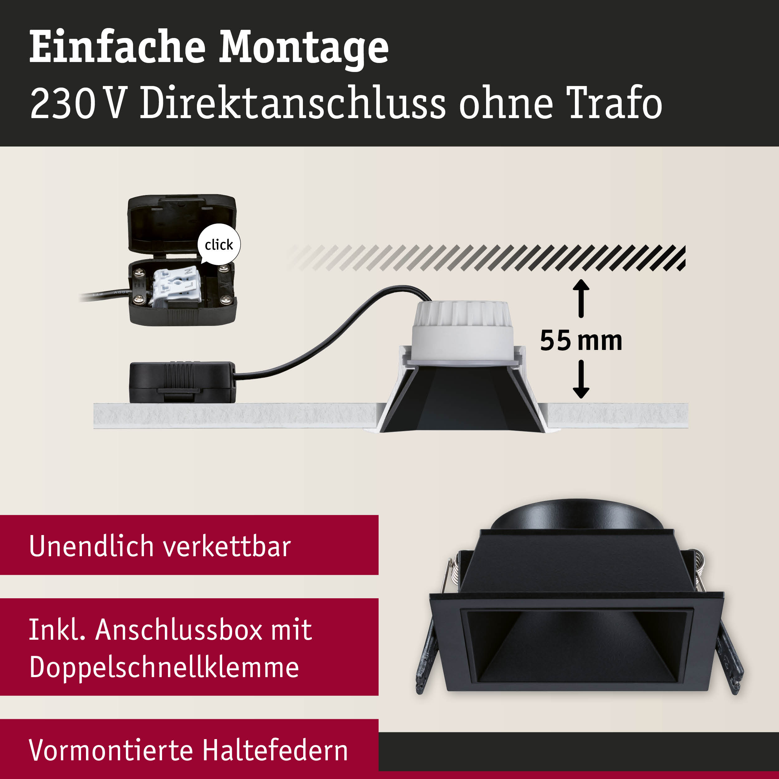 Schwarze quadratische Einbauleuchte mit Anschlussbox und 230 V Direktanschluss ohne Trafo