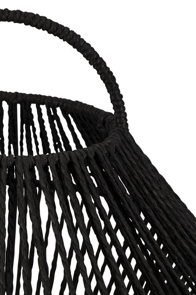 Black woven lampshade with open design for decorative LED lighting in modern interiors