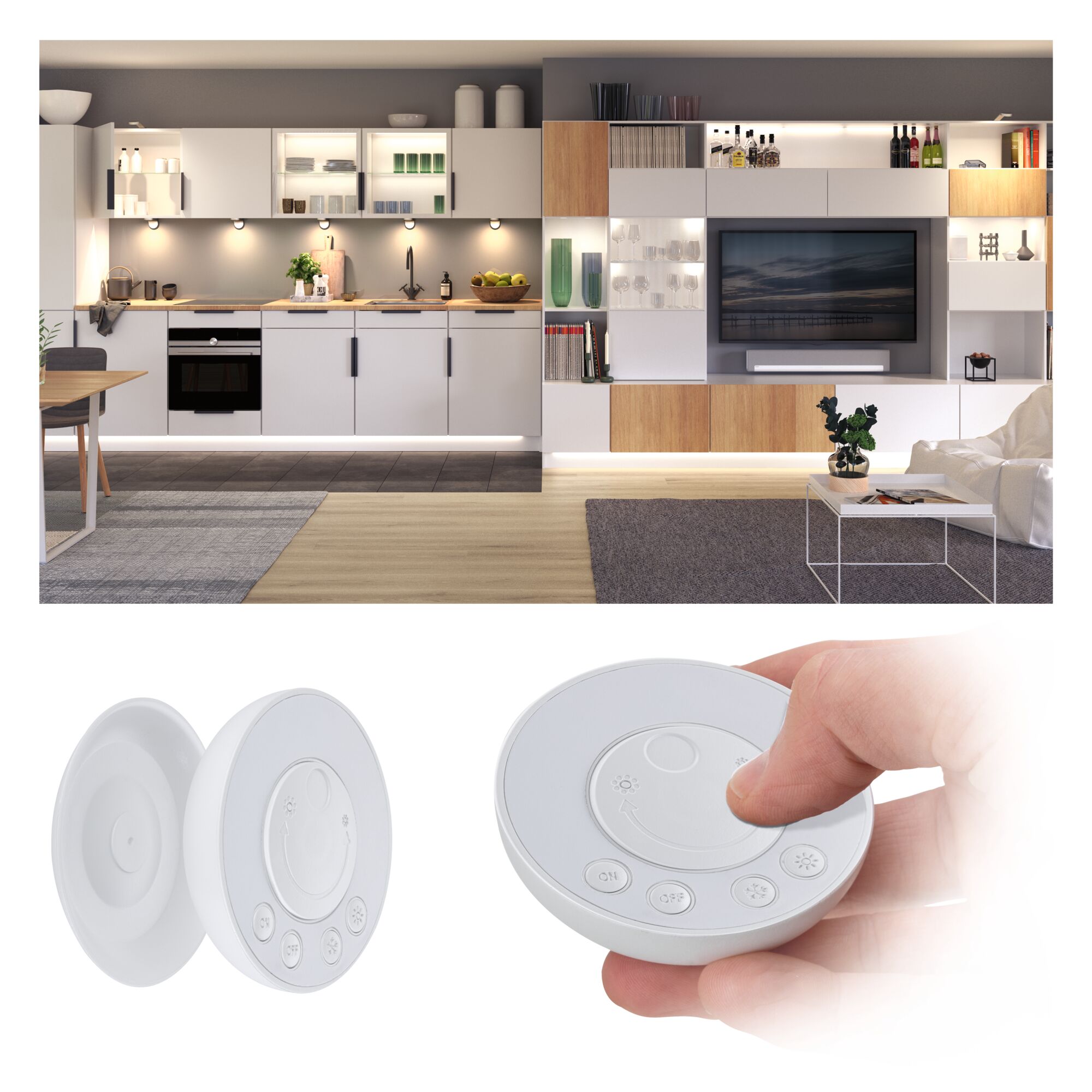 Modern white LED under-cabinet light with remote control in stylish kitchen and living room setup
