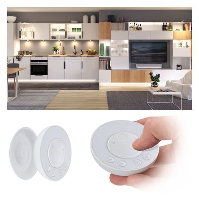 Modern white LED under-cabinet light with remote control in stylish kitchen and living room setup
