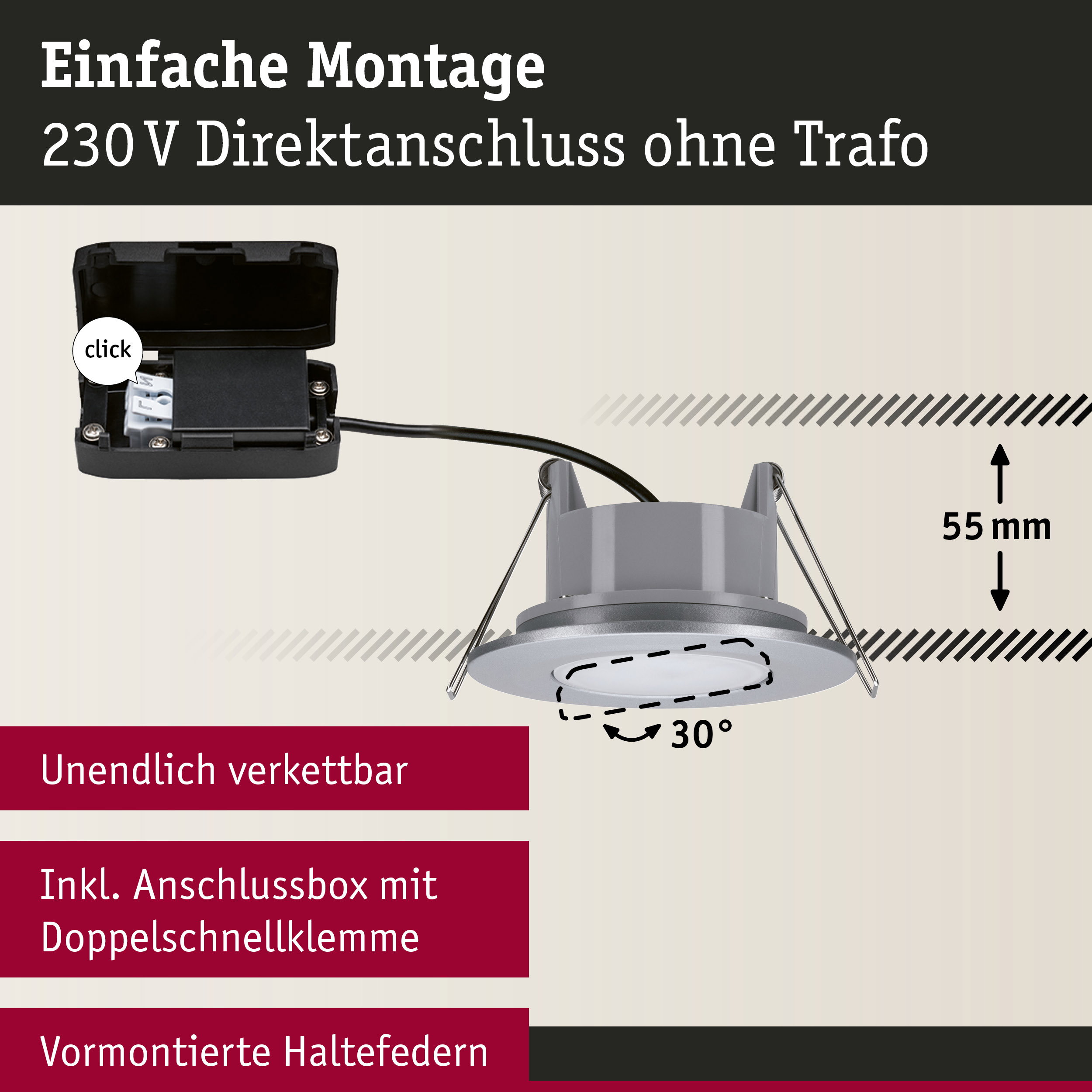 Grauer Einbaustrahler mit Anschlussbox für 230V Direktanschluss ohne Trafo, 55 mm Einbautiefe