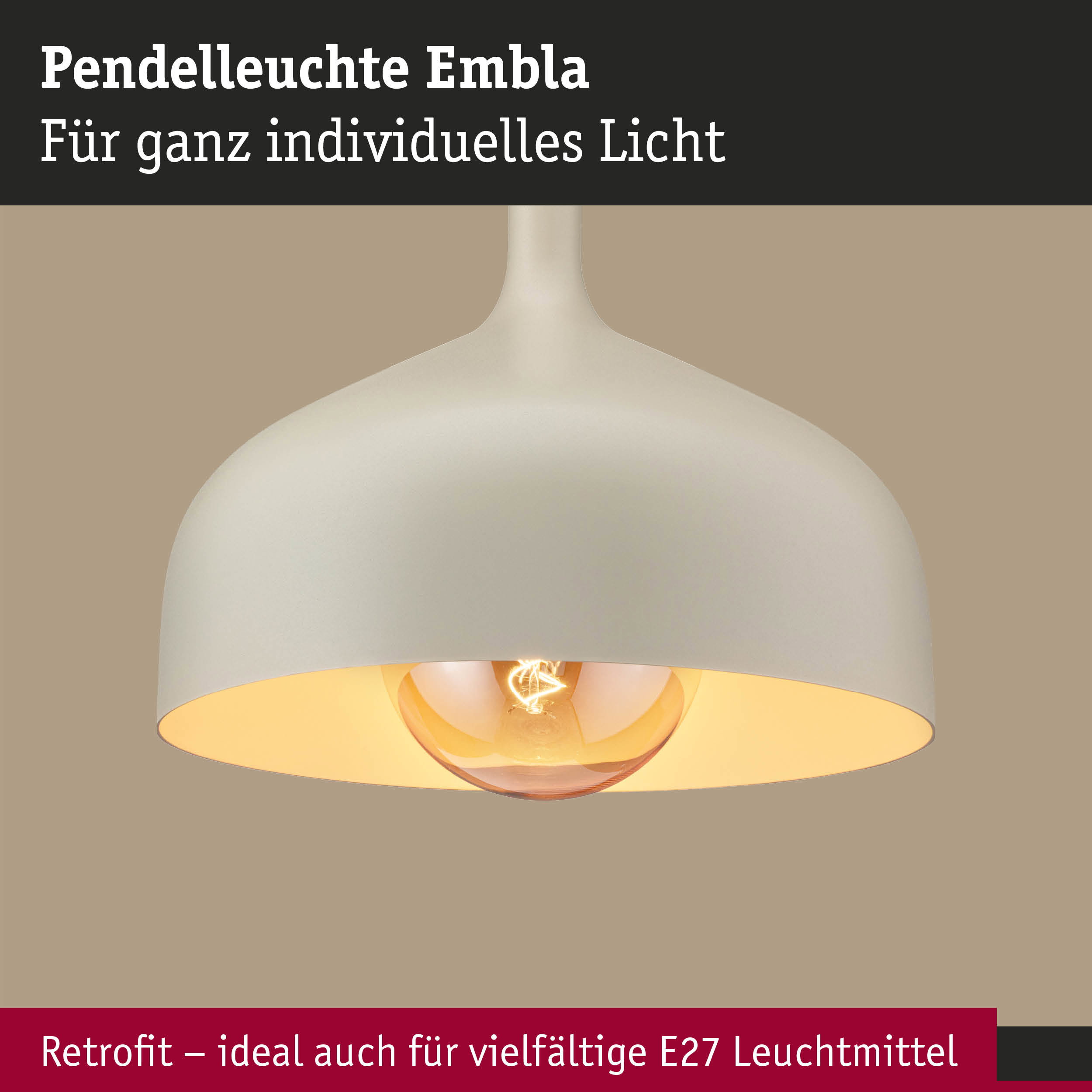Pendelleuchte Embla aus cremeweißem Metall mit warmem Licht und E27 Fassung für vielseitige Leuchtmittel