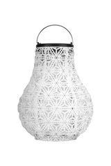 White metal lantern with intricate pattern and black handle for decorative lighting and ambiance