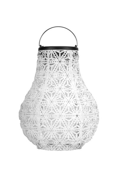 White metal lantern with intricate pattern and black handle for decorative lighting and ambiance