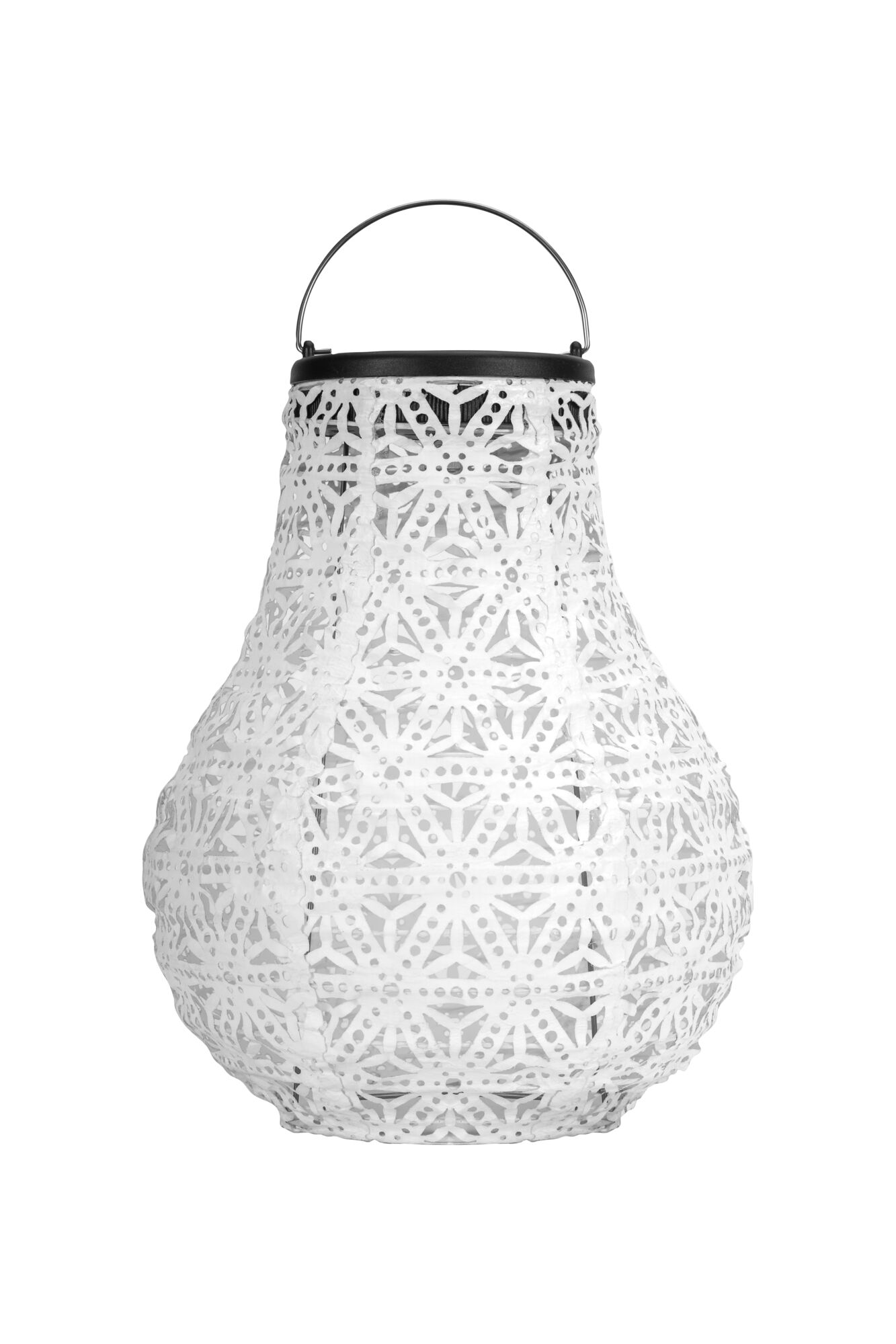 Pauleen Solar Lantern Sunshine Blaze IP44 3500K 2x4lm White White metal lantern with intricate pattern and black handle for decorative lighting and ambiance