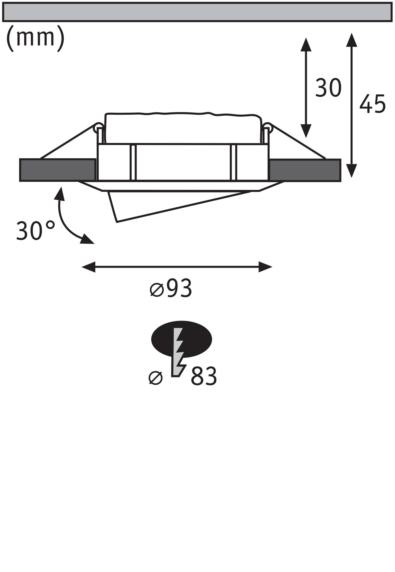 Technical drawing of recessed spotlight with 93 mm diameter and 30-degree tilt, dimensions in mm.