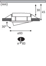 Technische tekening van inbouwspot met 93 mm diameter en 30 graden kanteling, afmetingen in mm.
