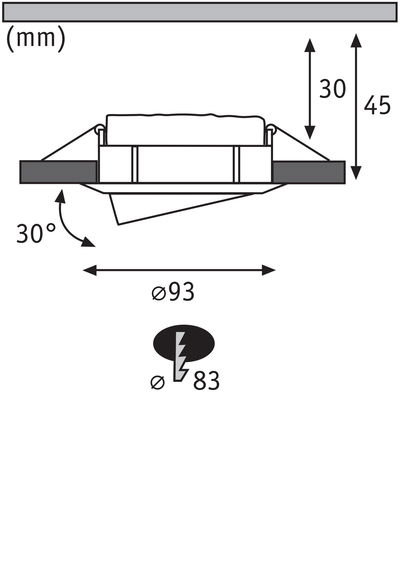 Technische tekening van inbouwspot met 93 mm diameter en 30 graden kanteling, afmetingen in mm.